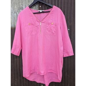 Ellen Tracy 100% Linen Blouse Large Hot Pink Beach Barbie Coastal Cowgirl Airy